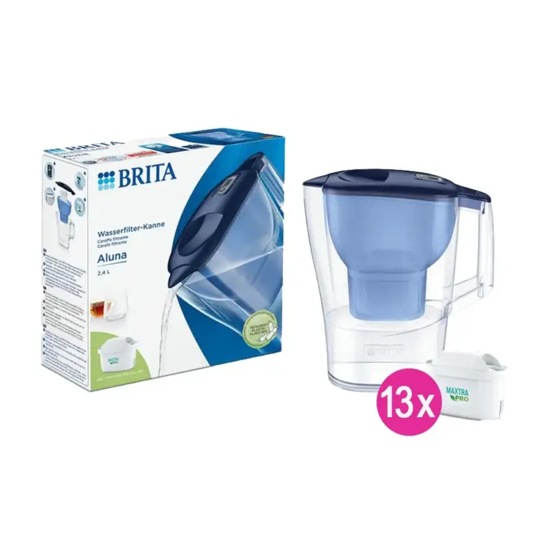 Korting BRITA Aluna Waterfilterkan 2.4L Blauw + 13 MAXTRA PRO Waterfilters (filtert PFAS)
