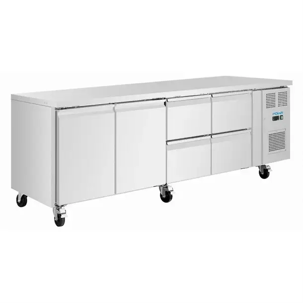 Actieprijs HorecaTraders Koelwerkbank met 4 lades en 2 deuren | 284L | RVS | 86(h)x223(b)x70(d)cm | B