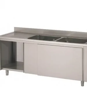 HorecaTraders Rvs spoeltafel met schuifdeuren 2 spoelbakken 200x60x90 cm Bestseller
