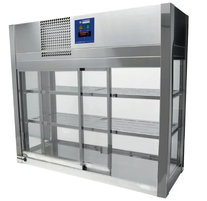 Koopje HorecaTraders Rvs Vitrine, 4 glazen zijden, 2 schuifdeuren - 80x41x70 cm