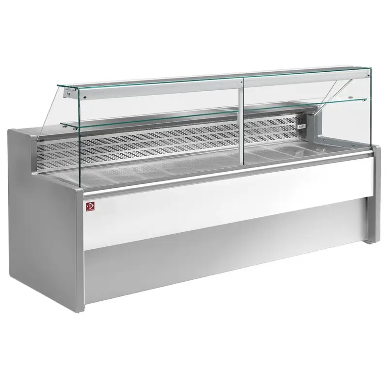 Gratis Retour Gekoelde vitrinetoonbank met rechte ruit 90°, met reserve - GRIJS/WIT