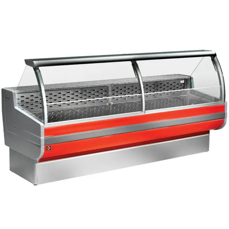 Premium Gekoelde vitrinetoonbank, gebogen ruit, geventileerd, met reserve