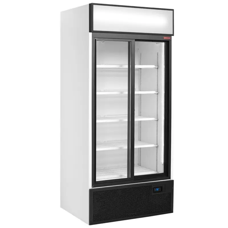 Hoge Kwaliteit Vitrinekast positieve T°, geventileerd, 760L., 2 schuifdeuren, met lichtbak