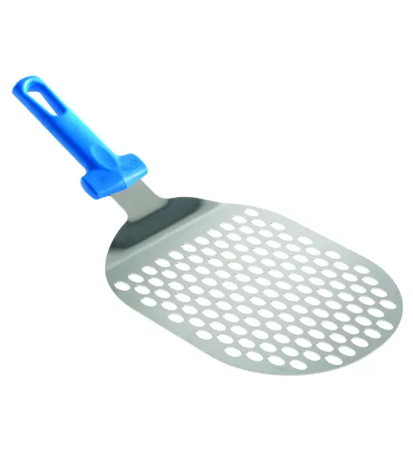 Tijdelijk Beschikbaar GI Metal Pizzaschep ovaal geperforeerd 17,5x21cm