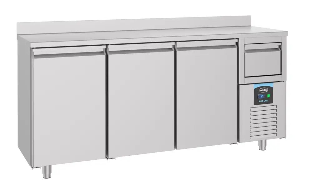 Seizoensaanbieding Combisteel Koelwerkbank | 632L | 3 Deuren + Afkloplade | -2°C/+8°C | Geforceerd | Achter Rand | 2135x600x1050/1150mm