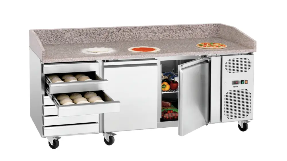 Gereduceerde Prijs Bartscher Pizzawerkbank | 360L | 2 Deuren + 7 Deegladen | -2°C/+8°C | Statisch + Ventilator | Wielen | 2015x795x975mm