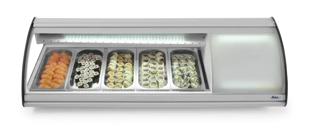 Bestel Nu Arktic Sushivitrine | Wit/Zwart | 5x 1/3 GN | 0°C/+6°C | Statisch | Compressor Rechts | 1307x450x330mm