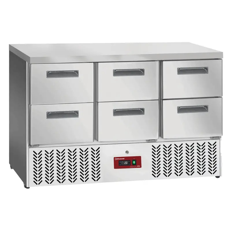 Diamond Koelwerkbank | COMPACT LINE EVO | 149L | 6 Laden | 0°C/+8°C | Statisch + Ventilator | Afneembaar Werkblad | Wielen | 1365x700x880mm Koop Online