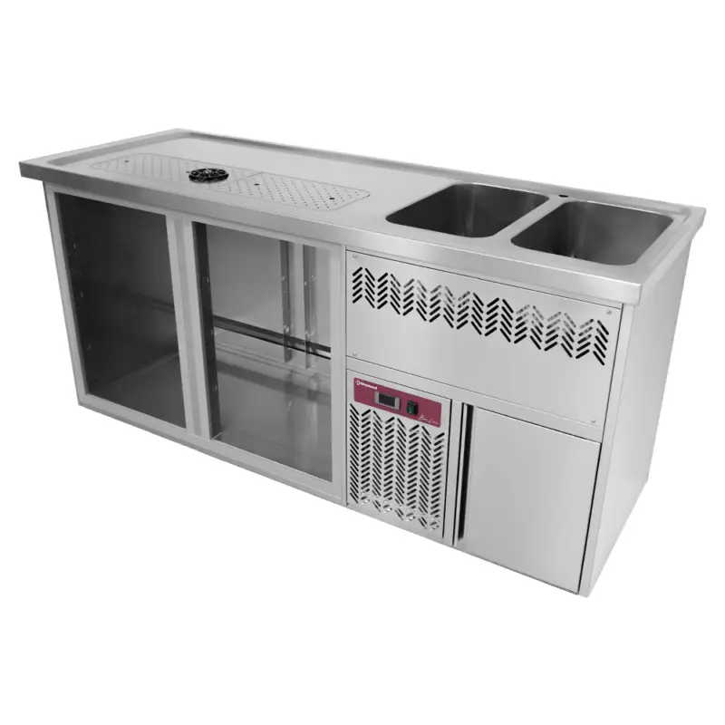 Merkproduct Diamond Modulair Barstation | BarLine | 370L | RVS | 2 Compartimenten Links | +2°C/+8°C | Statisch + Ventilator | 2 Spoelbakken Rechts + Glazenspoeler | 1950x700x930mm