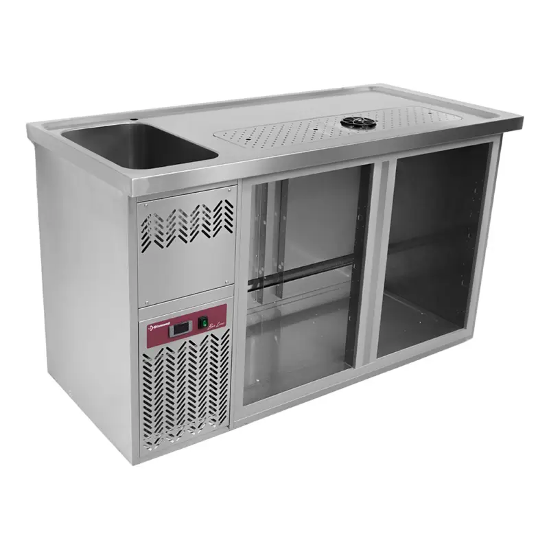 Express Levering Diamond Modulair Barstation | BarLine | 370L | RVS | 2 Compartimenten Rechts | +2°C/+8°C | Statisch + Ventilator | 1 Spoelbak Links + Glazenspoeler | 1550x700x930mm