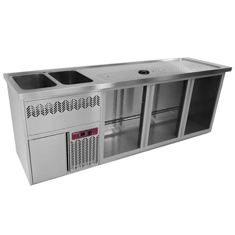 Express Levering Diamond Modulair Barstation | BarLine | 555L | RVS | 3 Compartimenten Rechts | +2°C/+8°C | Statisch + Ventilator | 2 Spoelbakken Links + Glazenspoeler | 2500x700x930mm