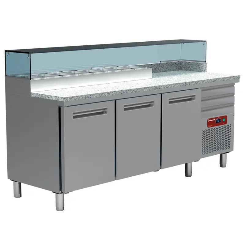Diamond Pizzawerkbank | 405L | 3 Deuren + 3 Deegladen EN600x400 | Boven 8x 1/4 GN | 0°C/+8°C | Geforceerd | 2110x700x880/1200mm Lage Kosten