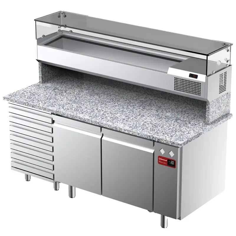 Diamond Pizzawerkbank met Opzetkoelvitrine | Platinum Line | 2 Deuren | 7 Lades | -2°C/+8°C | Granieten Werkblad | 2050x800x1450mm Populair
