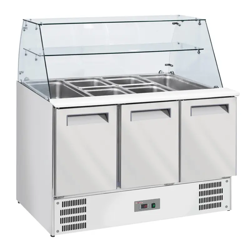 Diverso By Diamond Horeca Saladette | 3 Deuren 1/1 GN | Boven 4x 1/1 GN | Statisch | Ventilator | Glasopzet | Snijblad | 1365x700x850mm Exclusieve Aanbieding