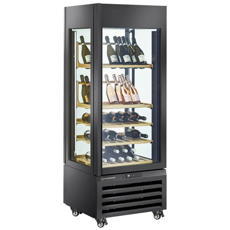 Exclusieve Aanbieding Diamond Wijnkoelvitrine | EXALTA | Energiezuinig | 440L (66x 75cl) | Zwart | 1 Zone | 0°C/+10°C | Geforceerd | Wielen | 700x650x1900mm