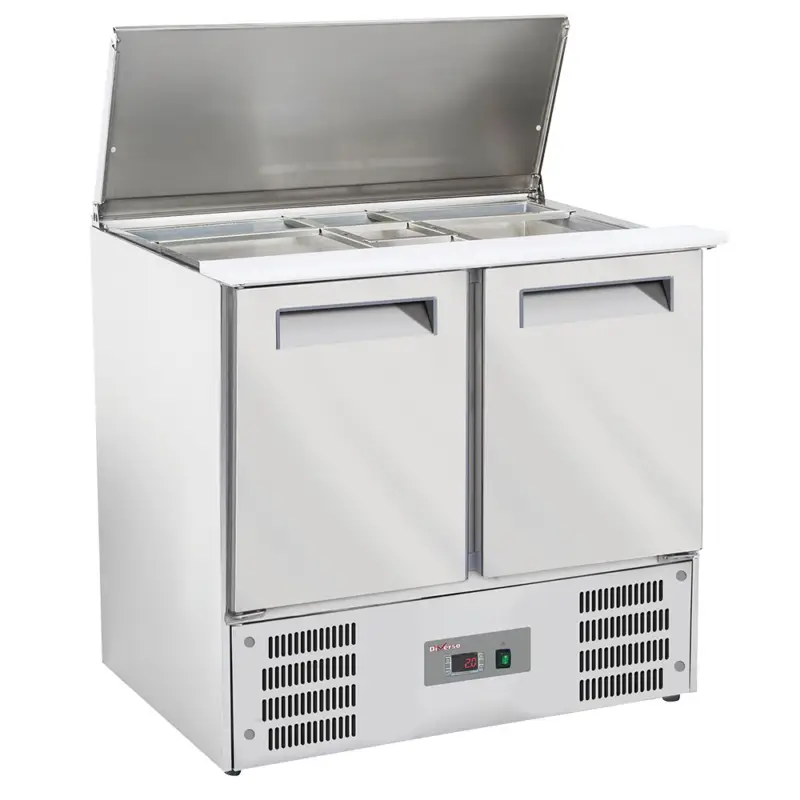 Diverso By DiamondHoreca Saladette | 2 Deuren 1/1 GN | Boven 2x 1/1 GN + 3x 1/6 GN | Statisch | Ventilator | Klapdeksel | Snijblad | 900x700x850mm Direct Beschikbaar