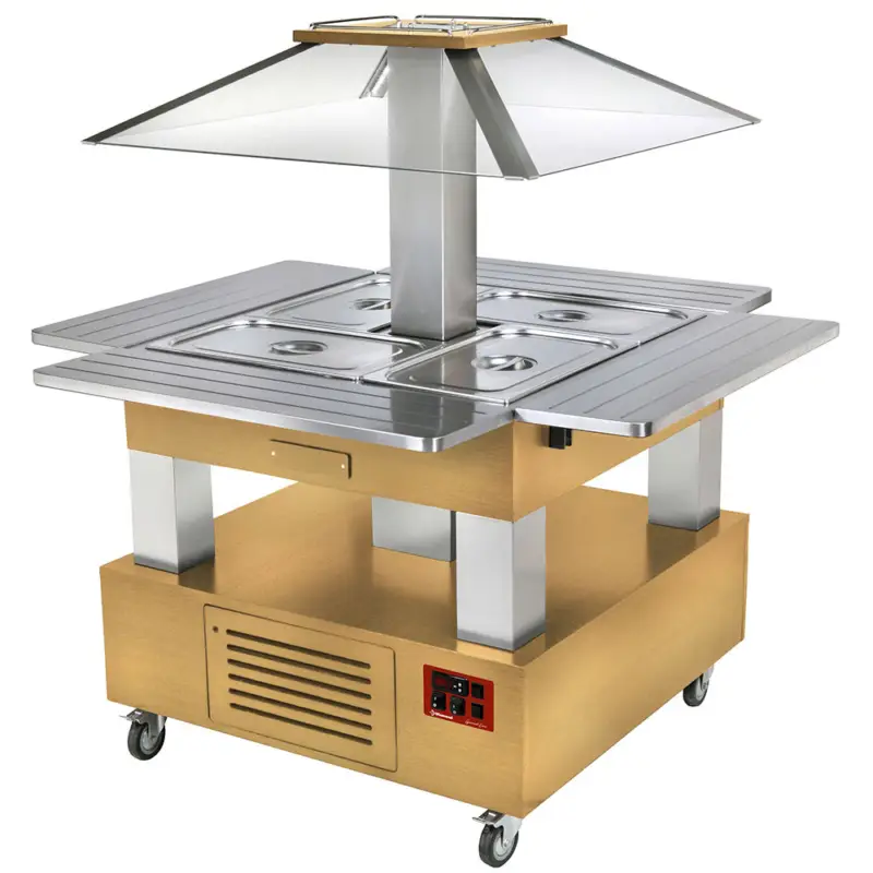 Diamond Verwarmd Buffet | GOURMET LINE | Hout/RVS | 4x 1/1 GN | 20°C/90°C | Bain-Marie | Automatische Liftkap | 1435x1435x1540mm Nu Kopen