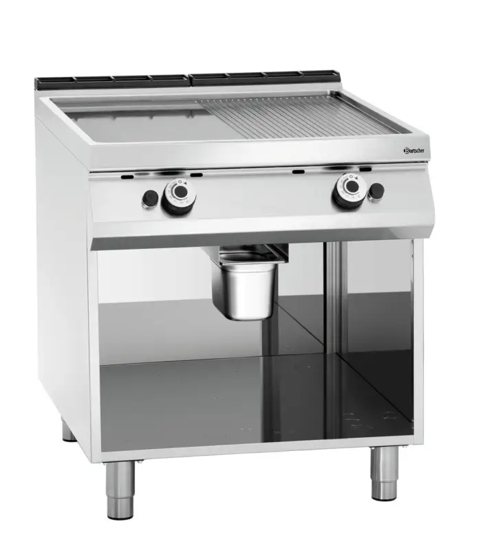 Betrouwbaar Bartscher Gas Bakplaat | 1/2 Geribbeld 1/2 Glad | 18kW | Serie 900 | Open Onderbouw | 800x900x900mm