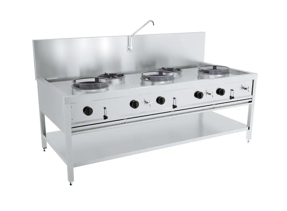 CombiSteel Wokfornuis | Gas | 5 Branders | Waakvlam | Waterkraan | Open Onderstel | 2000x900x750mm Express Levering