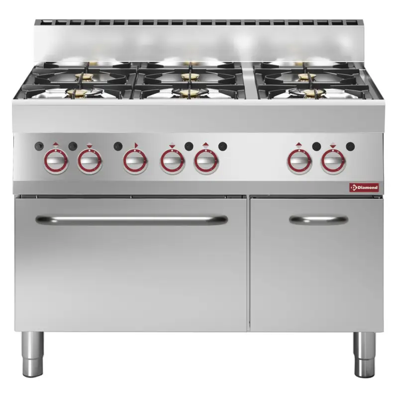 Gecertificeerd Diamond Fornuis + Heteluchtoven | ALPHA 650 | Gas | 6 Branders | 30.8kW | Neutraal Vak 1/1 GN | 1100x650x850/950mm