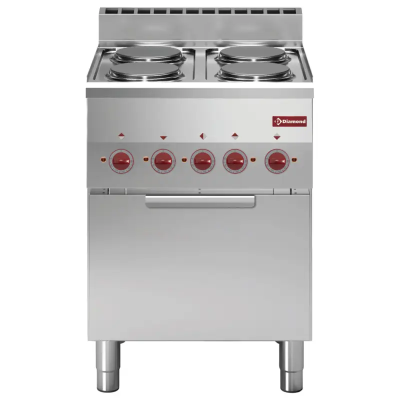 Diamond Fornuis + Heteluchtoven | PRO 600 | Elektrisch | 4 Kookpunten + GN 2/3 Oven | 11kW | 230V-3F | 600x600x850/970mm Koop Vandaag