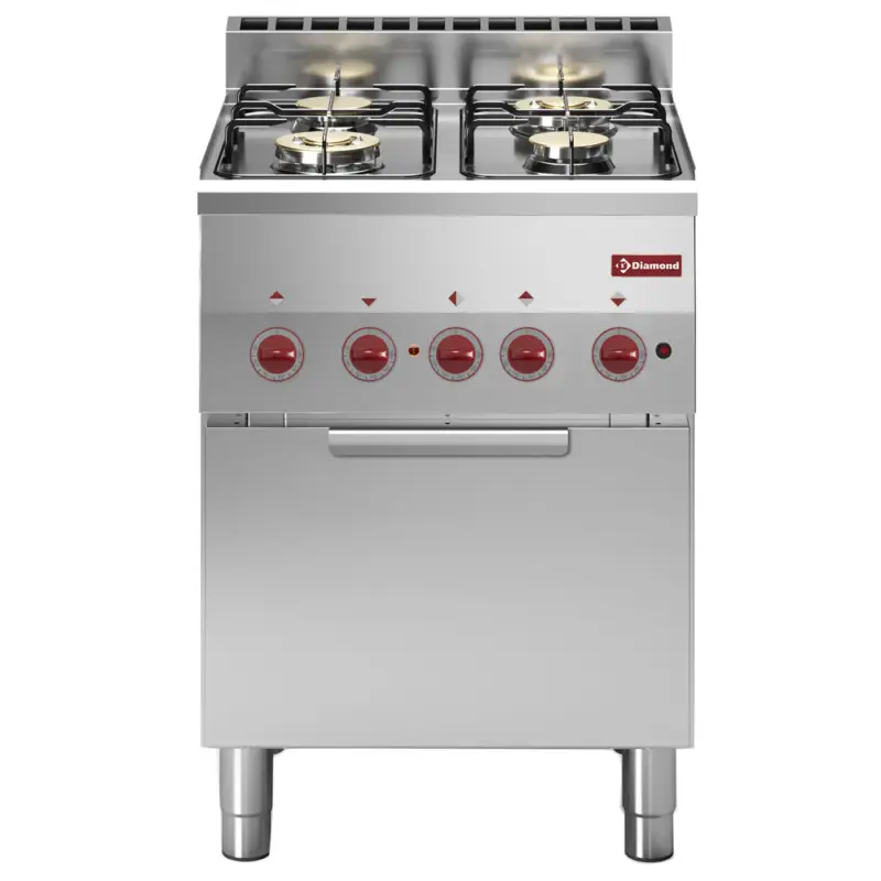 Diamond Fornuis + Heteluchtoven | PRO 600 | Gas/Elektrisch | 4 Branders + 2/3 GN Oven | 13.8kW Gas | 3kW | 230V | 600x600x850/970mm Flitsaanbieding