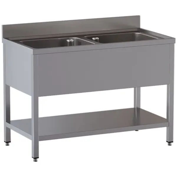 Seizoensaanbieding Diamond spoeltafel 2 kuipen RVS AISI 304 1200x700x850/880 mm met onderlegplank en verstelbare vijzels