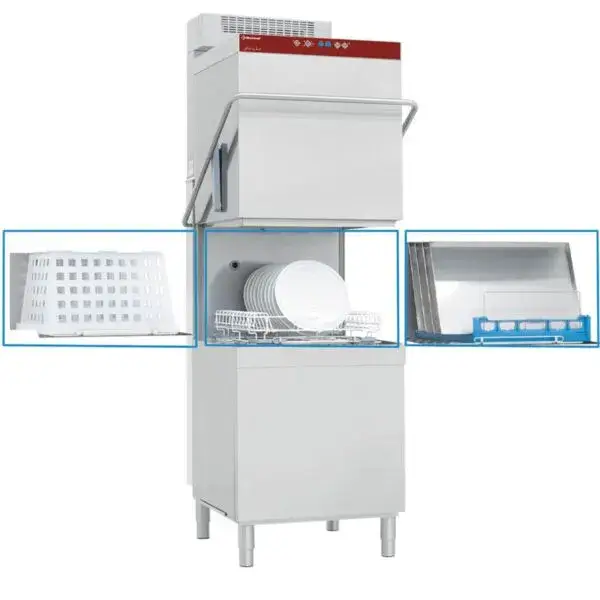 Vaat- & pottenwasser met kap, mand 600x500 mm + waterverzachter in continu + damp condensor-recuperator Snelle Levering