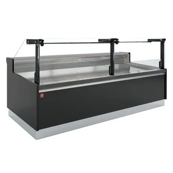 Weekendaanbieding Geventileerde vitrinetoonbank, met reserve, verticale ruit 90° met zuigerlift - full black