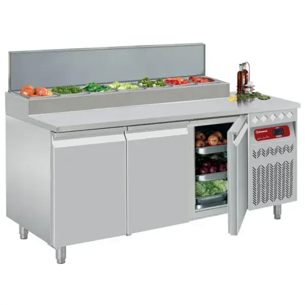 Koeltafel geventileerd, 3 deuren gn 1/1, 405 lit.& gekoelde structuur 7x gn1/6 Direct Verzonden