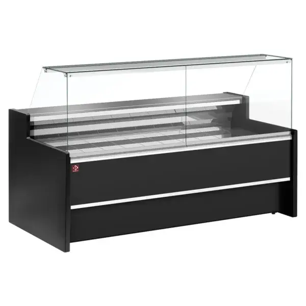 Geventileerde gekoelde vitrinetoonbank- met recht frontglas 90° met reserve - zwart Laatste Kans