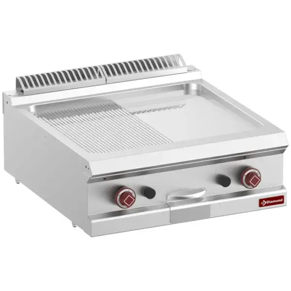 Braadplaat op gas, 1/2 ger. 1/2 vlak, hard verchroomde , mod. 1/1-top- Laatste Versie