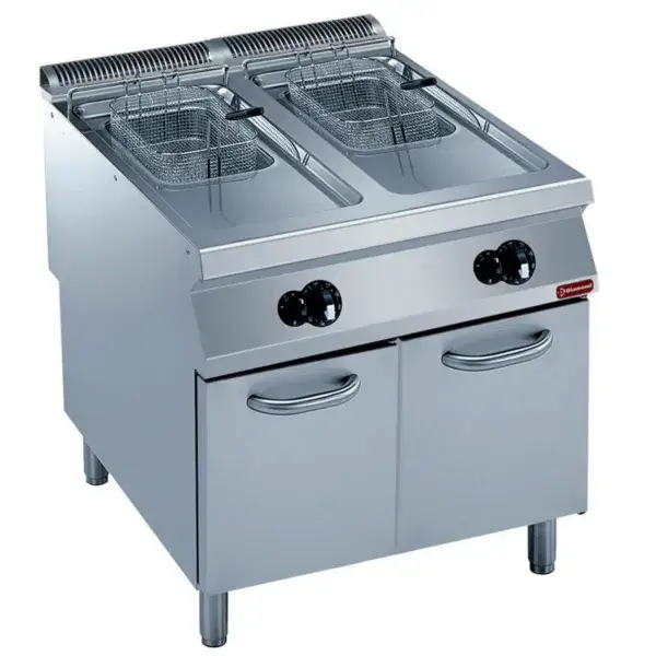 Premium Gasfriteuse 2 kuipen "y" 15 liter, buitenkant branders, op meubel