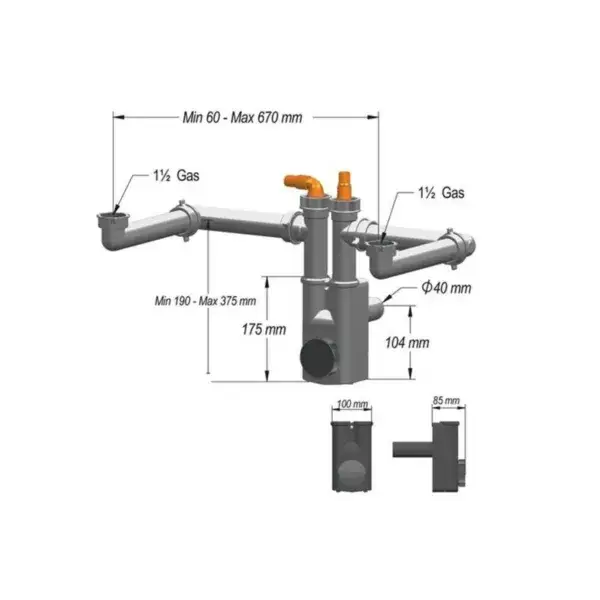 Reinigbare sifon voor 2 spoelbakken - max. 705mm - met 2 vaatwasaansluitingen Op = Op