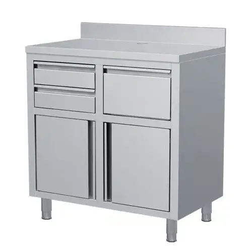 Hoge Kwaliteit Combisteel Koffiewerkbank | RVS | Draaideuren + Afkloplade + 2 Laden | Achter Rand | 1250x600x1050/1150mm